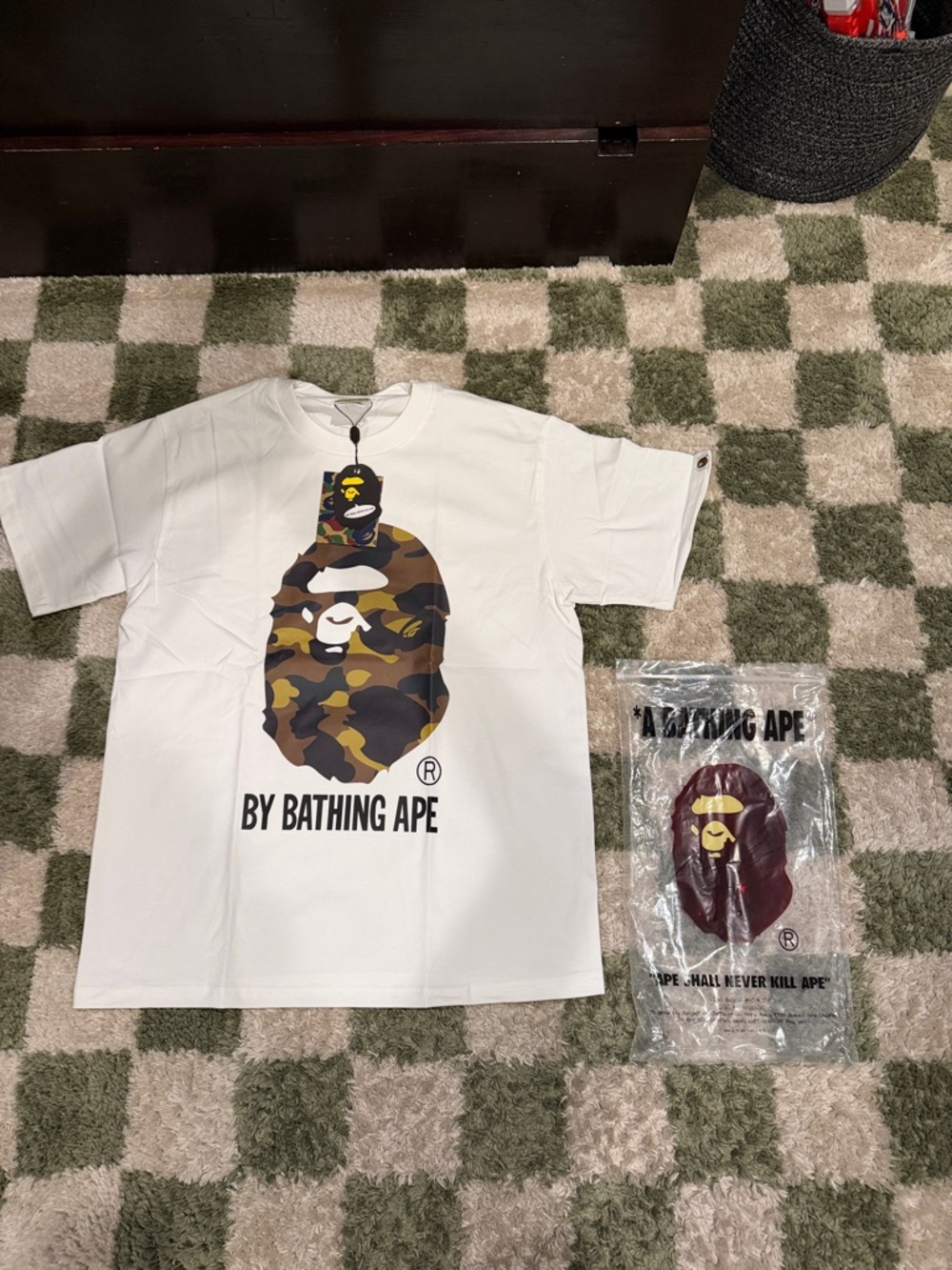 Bape White Tee with Brown & Green Camo Ape Head